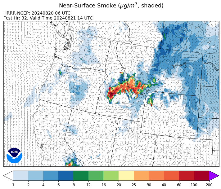 By Wednesday morning, the HRRR smoke model shows smoke moving into Southwest Montana from fires burning in the mountains of Central Idaho.